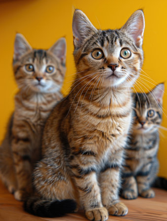 Three tabby cats sit together, looking up with curious expressions.の素材