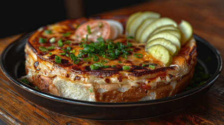 A close-up of a cheesy, savory deep dish pizza with pickles and onions.の素材
