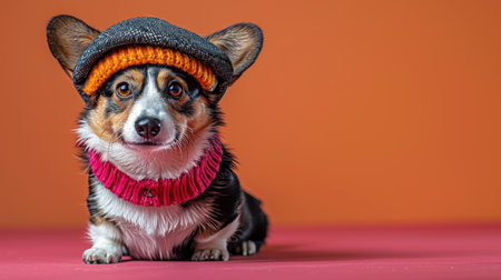 A Corgi dog wearing a hat and scarf poses for a photo.の素材