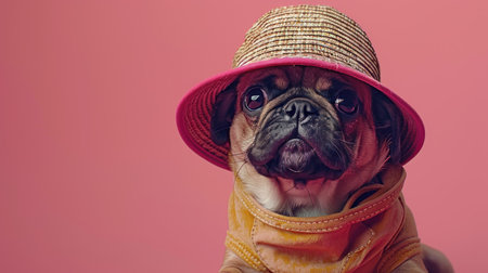 A pug dog wearing a pink hat and a yellow scarf looks at the camera.の素材