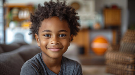 A young boy smiles brightly in a comfortable home setting.の素材