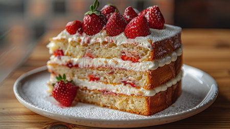 Close-up of strawberry cake with whipped cream and powdered sugar.の素材