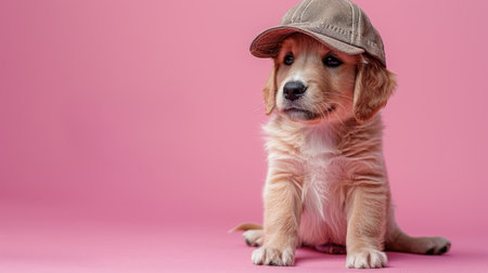 A golden puppy wearing a brown cap sits on a pink background.の素材