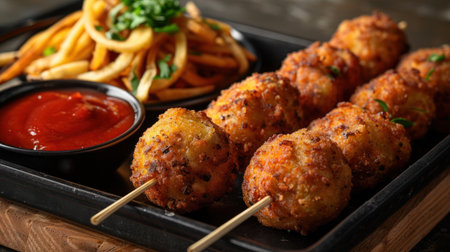 Close-up of cheesy fried balls on skewers served with French fries and ketchup.の素材