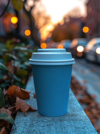 A blue coffee cup sits on a concrete ledge with a soft sunset backdrop.の素材