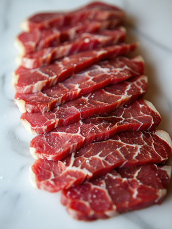 Raw beef slices arranged on a white surface.の素材