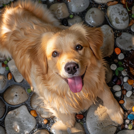 Golden retriever dog on colorful pebbles, looking happy.の素材