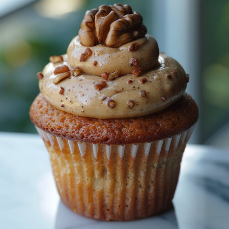 A close-up shot of a single cupcake topped with a walnut and creamy frosting.の素材
