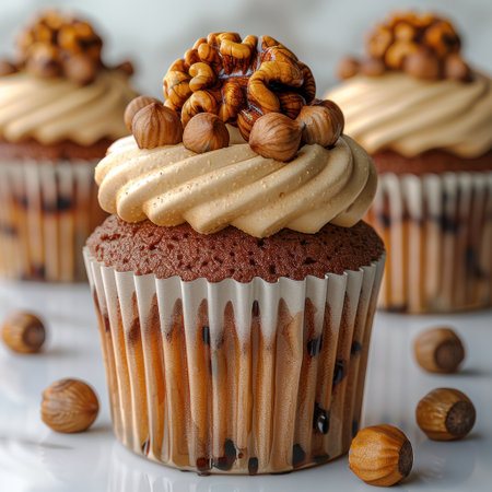 A close-up shot of a single chocolate cupcake with hazelnut and whipped cream frosting.の素材