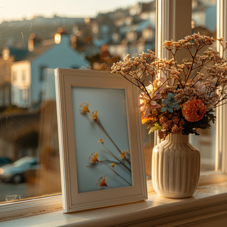 Photo of delicate flowers on windowsill, lit by golden sun.の素材