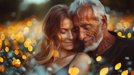 A man and a woman embrace in a field of golden lights.の素材