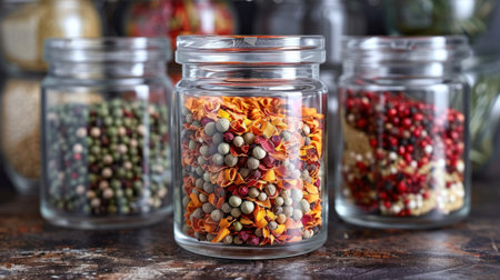 Three glass jars filled with various spices on a rustic wooden table.の素材