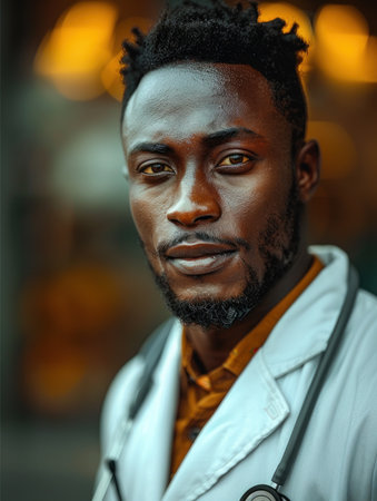 A doctor with a stethoscope and a focused gaze.の素材