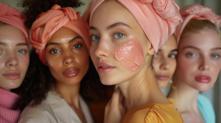Three women wearing pink headbands and facial masks.の素材