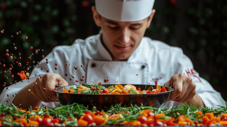 A chef carefully adds peppercorns to a pan of colorful vegetables.の素材