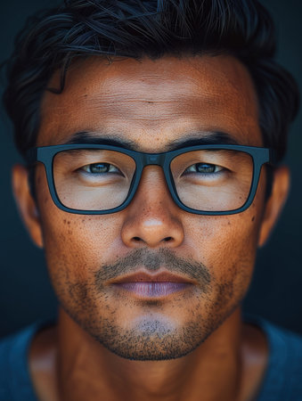 Close-up portrait of a man wearing black-framed glasses, looking intently at the camera.の素材