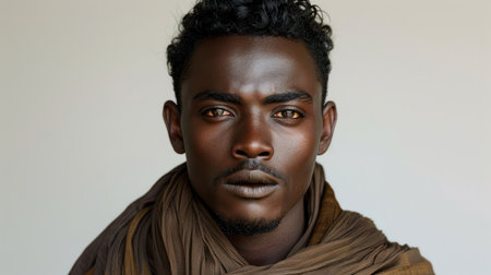 A close-up portrait of a young man with a serious expression.の素材