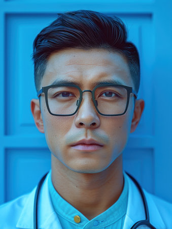 A close-up portrait of a doctor with a focused expression.の素材