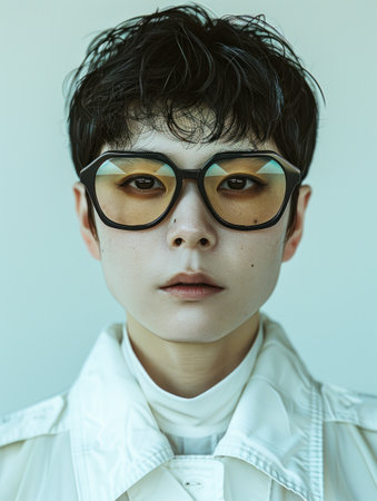 Portrait of a young person with short black hair wearing glasses.の素材