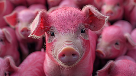 A close-up of a pink piglet with its head tilted forward, surrounded by other piglets.の素材