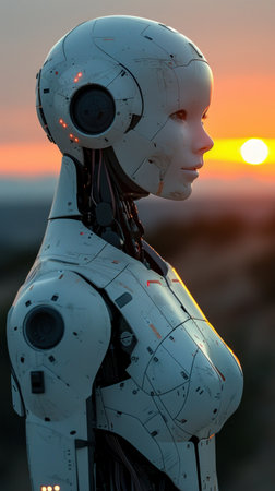 An android stands against a sunset, looking introspectively towards the horizon.の素材