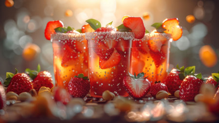 Three refreshing strawberry cocktails with sugared rims.の素材
