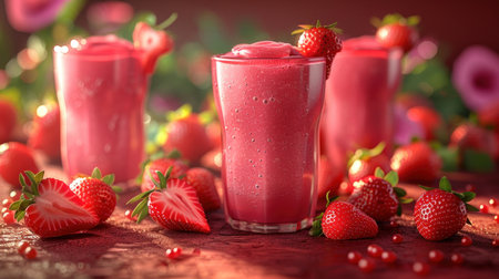 Three glasses of strawberry smoothie on a table with strawberries and red berries.の素材