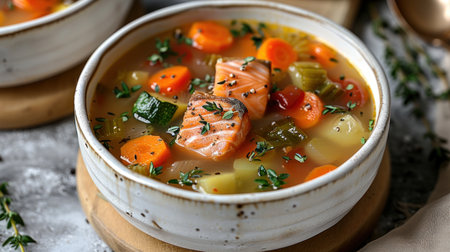 Close-up of a bowl of salmon and vegetable soup, ready to be enjoyed.の素材