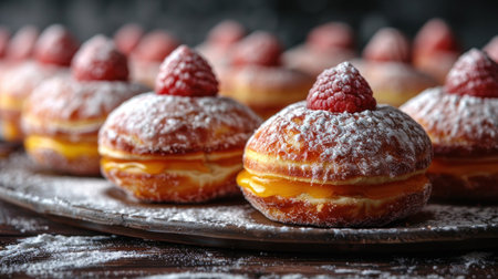 Closeup of several donuts with cream filling and raspberry toppings.の素材