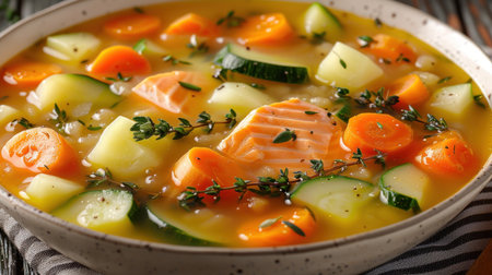 A bowl of steaming soup with salmon, potatoes, carrots, and zucchini.の素材