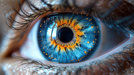 A close-up macro shot of a blue eye with intricate patterns and golden dust.の素材