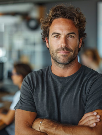A portrait of a man with arms crossed, standing confidently in an office setting.の素材