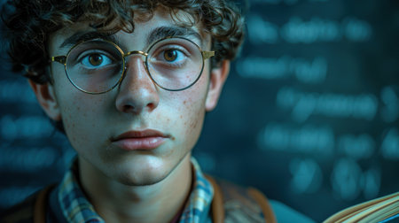 Close-up portrait of a young man wearing glasses, focused intently.の素材
