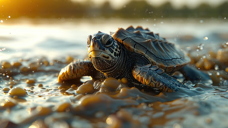 A sea turtle makes its way through the shallows during the golden hour.の素材