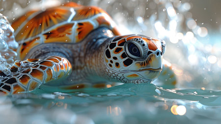 A sea turtle emerges from the water, its shell shimmering in the sunlight.の素材