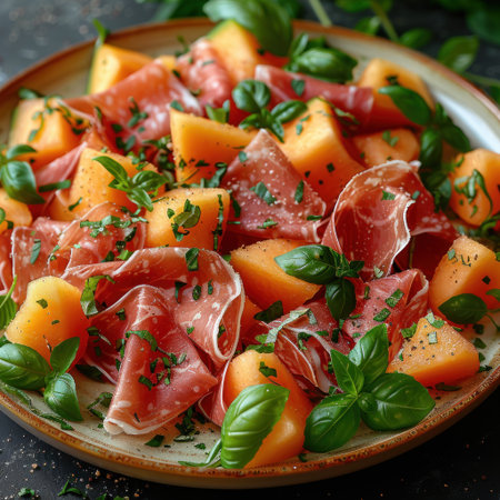 Fresh cantaloupe and prosciutto salad with basil.の素材