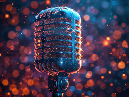 A vintage microphone with a sparkling finish against a background of shimmering lights.の素材