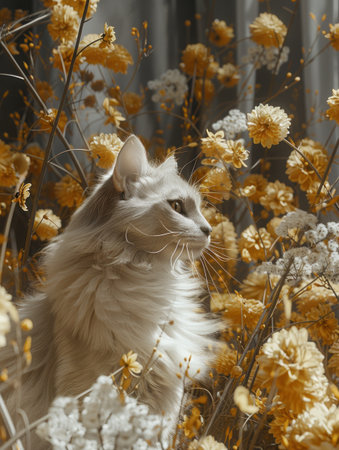 A fluffy white cat sits in a field of yellow and white flowers.の素材