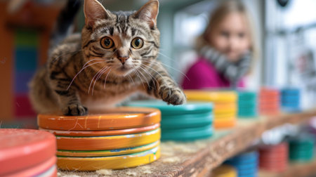 A tabby cat perched on colorful discs in a bright indoor setting.の素材