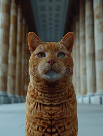 A ginger cat looks up curiously beneath an arched walkway.の素材