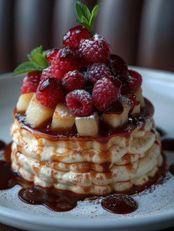 Pancakes layered with caramel and topped with fresh raspberries and mint.の素材