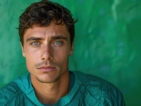 A young man with piercing blue eyes looks directly at the camera.の素材