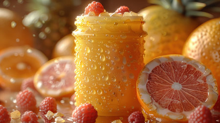 A glass of orange juice with raspberries and citrus fruit slices.の素材