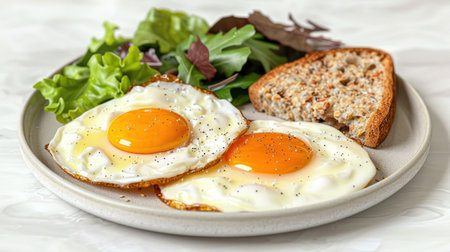 A plate of two sunny side up eggs, a slice of toasted bread, and a side of fresh greens.の素材