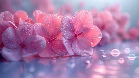 Pink flower petals covered in dew drops.の素材
