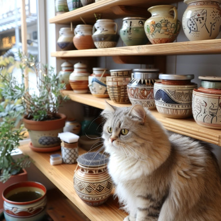 A fluffy cat sits by a window, watching pottery on display.の素材