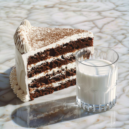 A slice of chocolate cake with milk on a marble surface.の素材