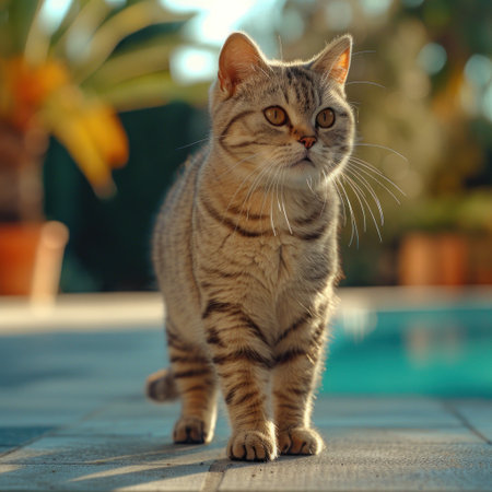 A tabby cat stands by the edge of a pool, basking in the afternoon sun.の素材
