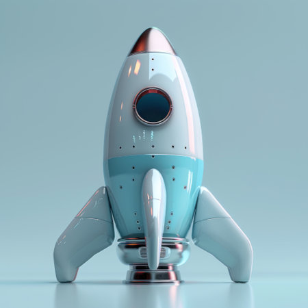 A classic blue and white rocket stands ready for liftoff against a soft blue background.の素材