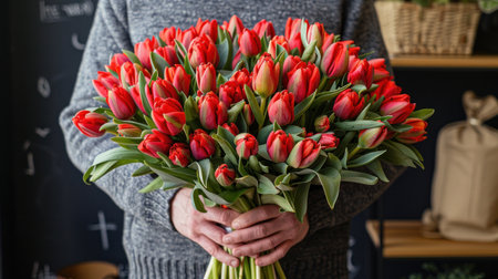 A person holds a large bouquet of red tulips in a flower shop.の素材